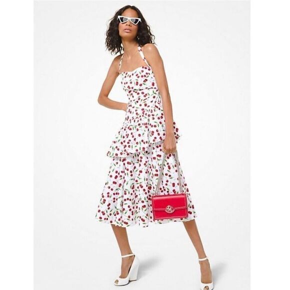 Michael Kors Collection 12 Cherry Print Halter Maxi Dress Peplum Ruffle Pinup - Picture 1 of 15